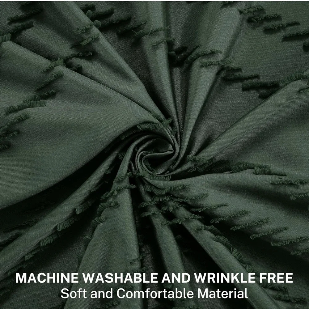 NWT Dark Green Boho Shower Curtain with Tassel Woven Fabric Farmhouse 72 x 72”
